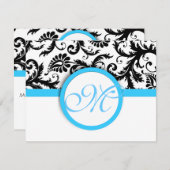 Zwart masker met lichte, donkerblauwe bruiloft RSVP kaartje (Voorkant / Achterkant)