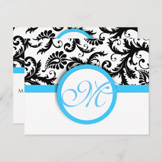 Zwart masker met lichte, donkerblauwe bruiloft RSVP kaartje (Voorkant / Achterkant)