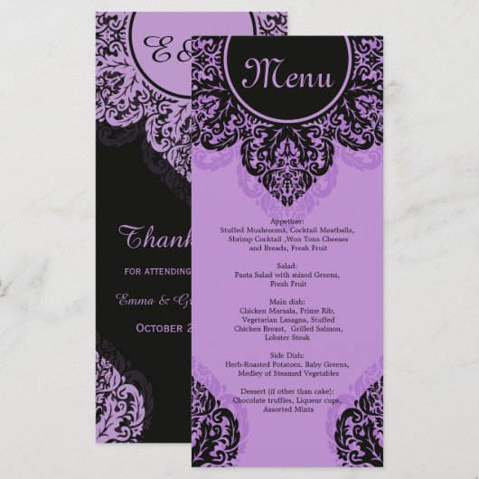 Zwart masker op lila paarse menukaart (Voorkant / Achterkant)