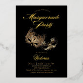 Zwart Maskerade Feest Folie Uitnodiging (Voorkant)