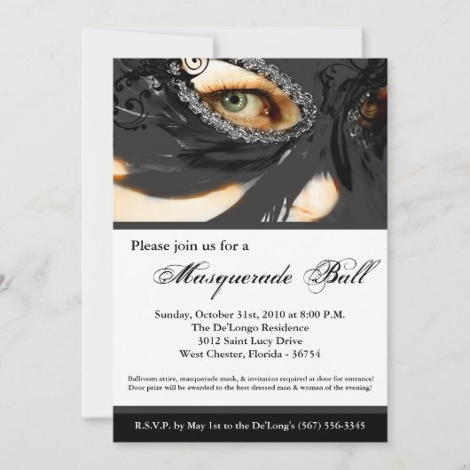 Zwart Maskerade Masker Bal Kostuum Halloween Kaart (Voorkant)
