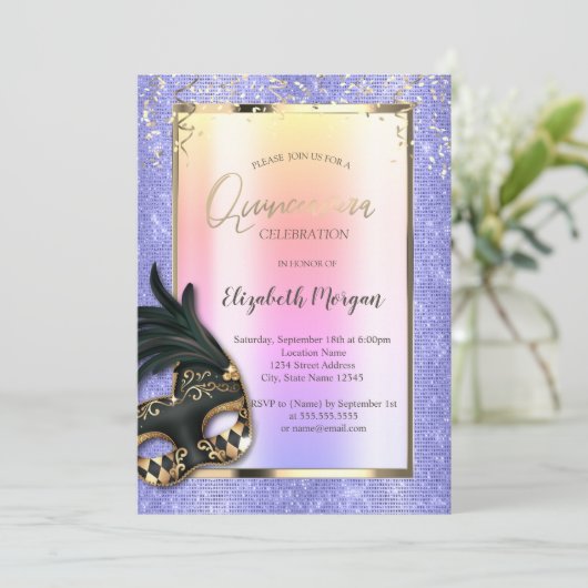 Zwart Masque Masquerade Lavander Quinceañera Kaart (Staand voorkant)