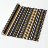 Zwart, matte goud en witte barcode streep cadeaupapier (Uitgerold)