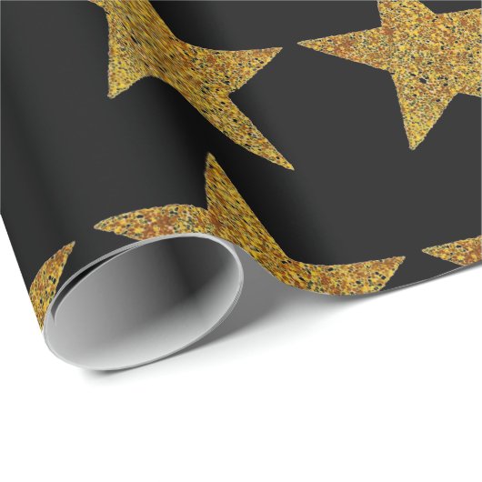 Zwart matte pakpapier met gouden sterren in glitte (Rol Hoek)