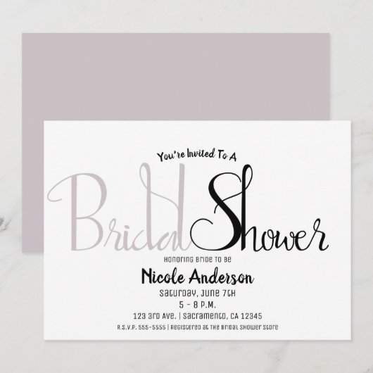Zwart & Mauve Sering Script Moderne Bruidsdouche Kaart (Voorkant / Achterkant)