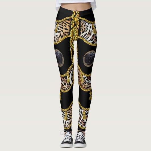 Zwart Medusa Leopard en Gouden Tassel Zwart Leggings (Voorkant)