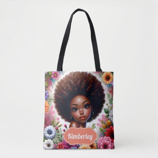 Zwart meisje Afrikaans Amerikaans met Afro Tote Bag (Voorkant)