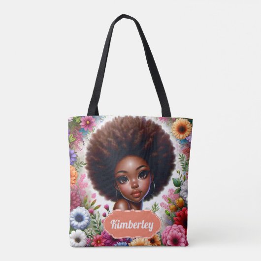 Zwart meisje Afrikaans Amerikaans met Afro Tote Bag (Achterkant)