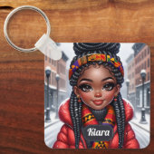 Zwart meisje Afrikaans Amerikaans met vlechten Sleutelhanger (Voorkant)