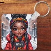 Zwart meisje Afrikaans Amerikaans met vlechten Sleutelhanger (Achterkant)