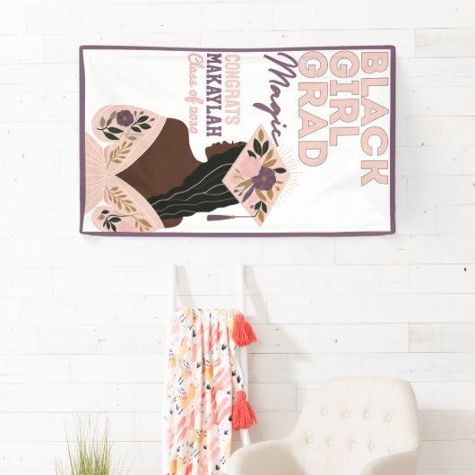 Zwart Meisje Afstudeerder Magic Floral Afstuderen Spandoek (Insitu)