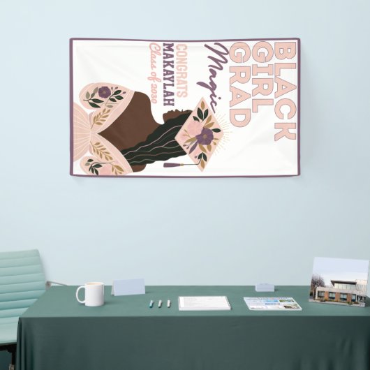 Zwart Meisje Afstudeerder Magic Floral Afstuderen Spandoek (Beurs)