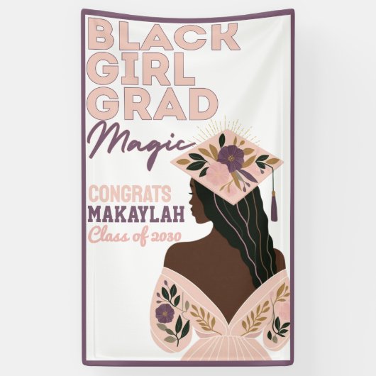 Zwart Meisje Afstudeerder Magic Floral Afstuderen Spandoek (Verticaal)