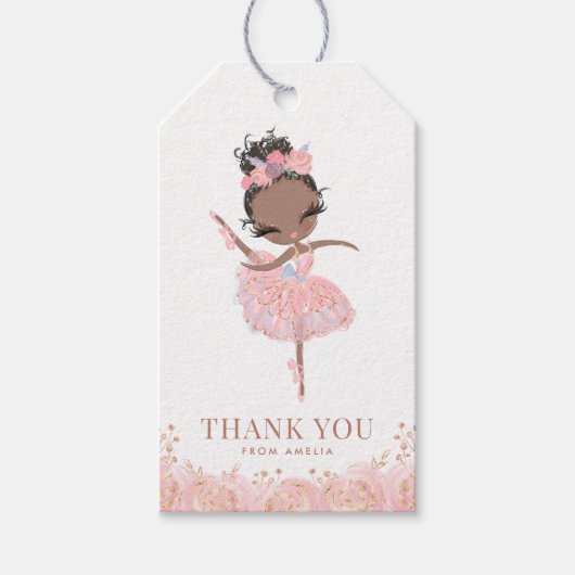 Zwart Meisje Ballerina in Roze Jurk Verjaardag Cadeaulabel (Voorkant)