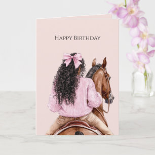 Zwart meisje dat op paard rijdt Roze strik verjaar Kaart