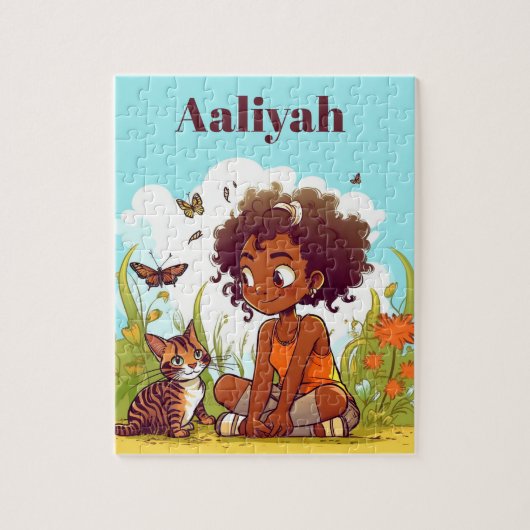 Zwart meisje dat speelt met een kattennaam Puzzle Legpuzzel (Verticaal)