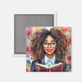 Zwart Meisje Dragen Bril Met Boek Magneet (Voorkant / Achterkant)
