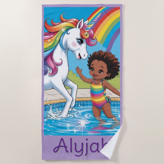 Zwart meisje eenhoorn zwemmen strandlaken (Voorkant)