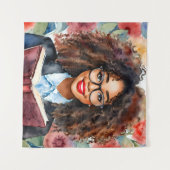Zwart Meisje in Bril Holding Boek Bloemenkunst Wandkleed (Voorkant (horizontaal))