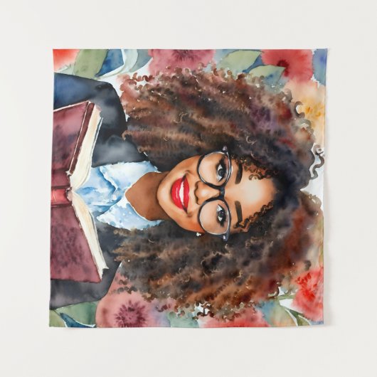 Zwart Meisje in Bril Holding Boek Bloemenkunst Wandkleed (Voorkant (horizontaal))