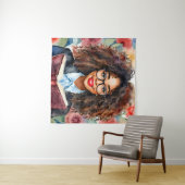 Zwart Meisje in Bril Holding Boek Bloemenkunst Wandkleed (In Situ (horizontaal))