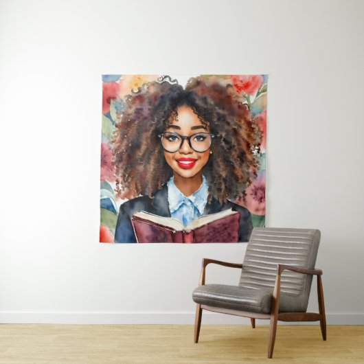 Zwart Meisje in Bril Holding Boek Bloemenkunst Wandkleed (In situ)