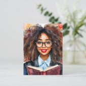 Zwart Meisje in Bril Met Boek Nerdy Briefkaart (Staand voorkant)