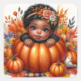 Zwart meisje in de herfst van de pompoen vierkante sticker