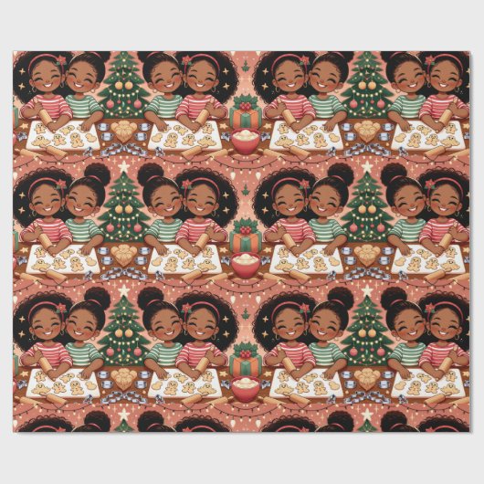 Zwart Meisje Kerst Wrapping Papier - Zusters (Vlak)