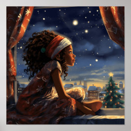 Zwart meisje kijken naar de stad op kerstavond poster
