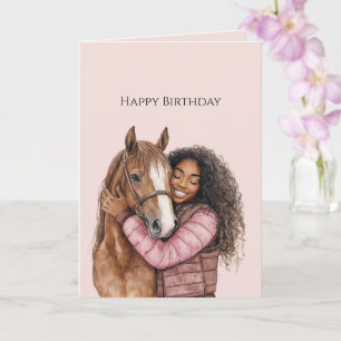 Zwart meisje knuffelt paard roze verjaardag kaart