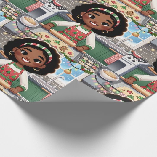 Zwart meisje maken Kerstmis koekjes inpakpapier (Hoek)