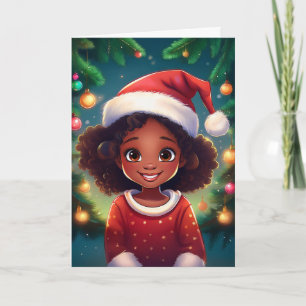 Zwart meisje met kerst Santa-hoed Kaart