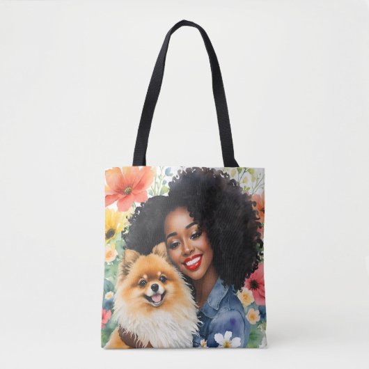  zwart meisje met pomeraanse bloemenkunst tote bag (Voorkant)