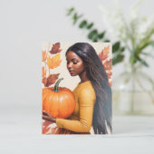 Zwart meisje met pompoen val bladeren briefkaart (Staand voorkant)