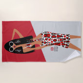 Zwart Meisje op Rood, Wit, Grijs en Zwart Strandlaken (Voorkant)