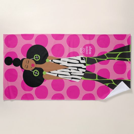 Zwart Meisje op Roze, Zwart, Groen en Wit Strandlaken (Voorkant)