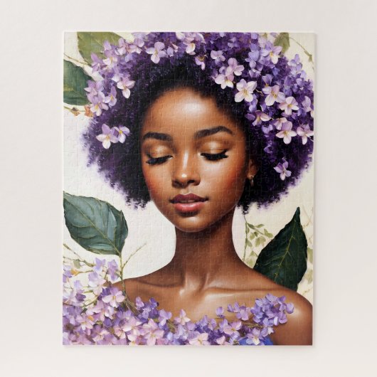 Zwart Meisje Paars Bloemen Botanisch Portret Legpuzzel (Verticaal)