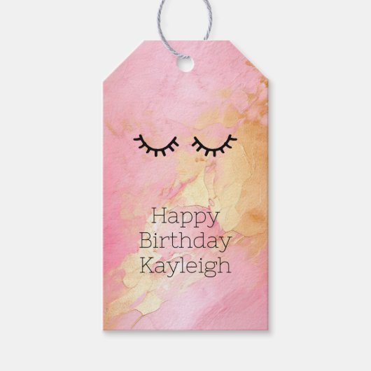 Zwart Meisje Roze Glam Gouden Wimpers Cadeaulabel (Voorkant)