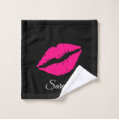 Zwart meisje Roze lipstick Monogram Naam Bathroom Bad Handdoek (Wasdoekje)