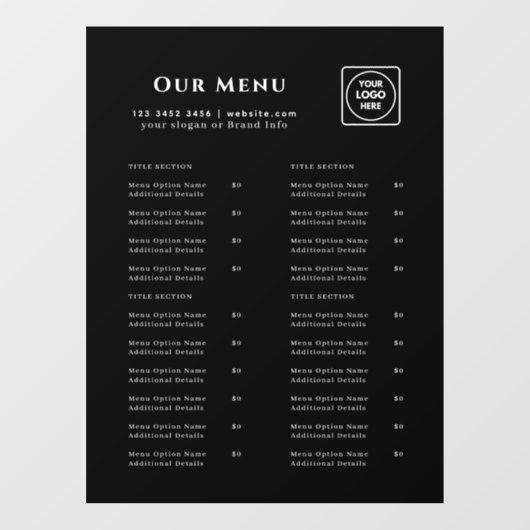 Zwart menu | Persoonlijk logo voor café & restaura Raamsticker (Vel)