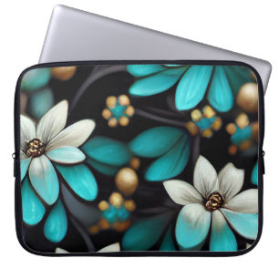 ZWART MET AQUA- EN WITTE DELICATE-STROMEN LAPTOP SLEEVE