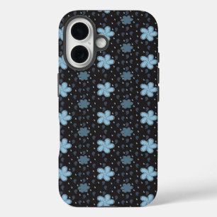 Zwart met Blauwe Paisley Bloemen iPhone 16 Hoesje