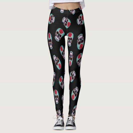 Zwart met blauwe schedel leggings (Voorkant)