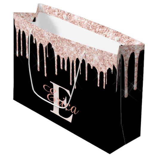 Zwart met Blush Pink Gold Glitter - Monogrammen Groot Cadeauzakje (Voorkant Gekanteld)