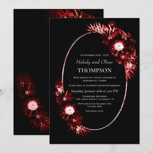 Zwart met bordeauxrood bloemstuk bruiloft receptie kaart (Voorkant / Achterkant)