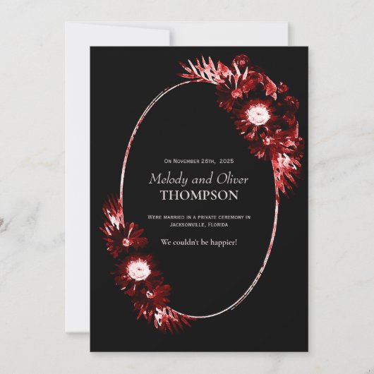 Zwart met Burgundy Red Floral Wedding Aankondiging (Voorkant)
