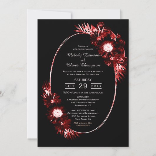 Zwart met Burgundy Red Floral Wedding Kaart (Voorkant)