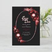 Zwart met Burgundy Red Floral Wedding Save The Date (Staand voorkant)