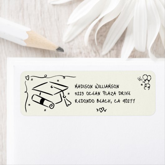 Zwart met de hand getekende Doodle Afstudeerhoed C Etiket (Insitu)